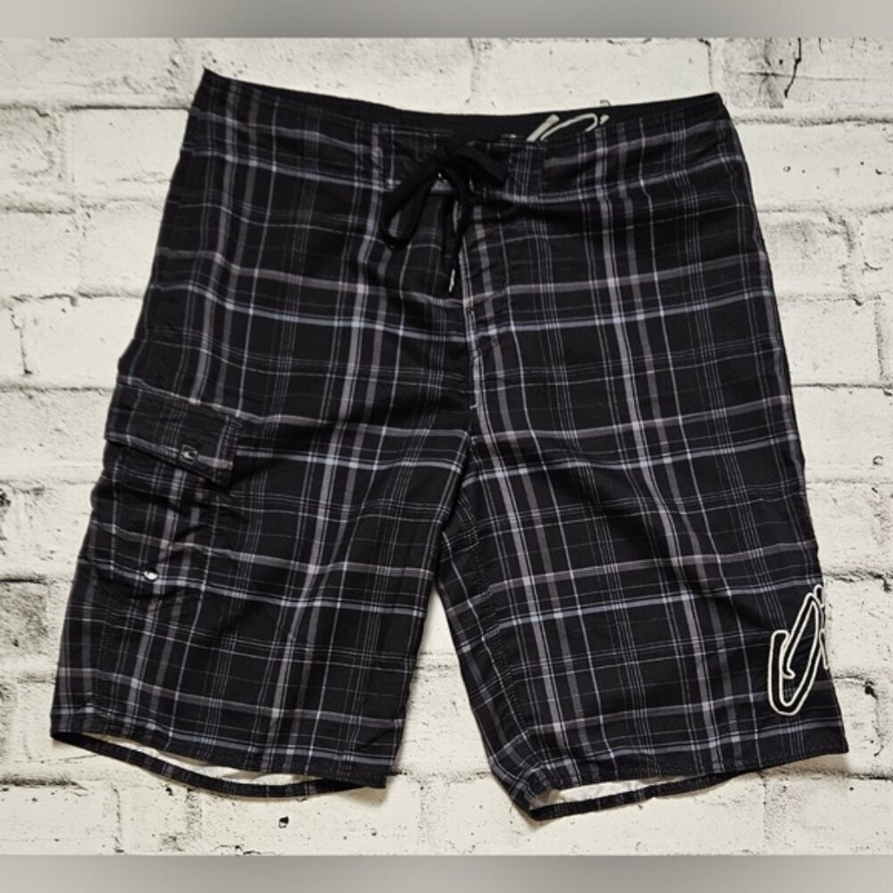 O’Neill Plaid Board Shorts Men’s Black Gray Surf Swim Size 36